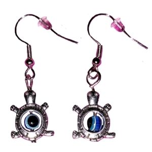 Blue Evil Eye Bead in Center Stainless-Steel Turtle Charm Dangle Silver Earrings